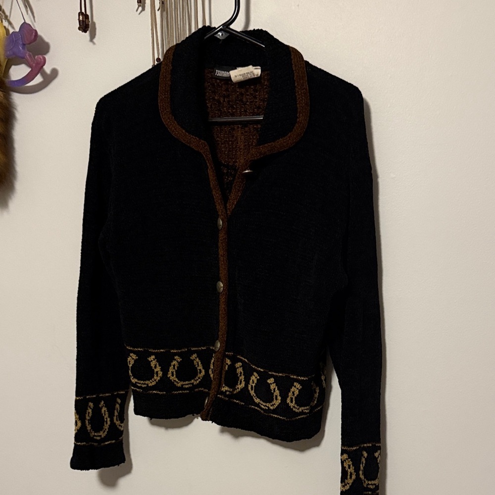 Chic Black and Brown Women's Cardigan with brown horse on back.